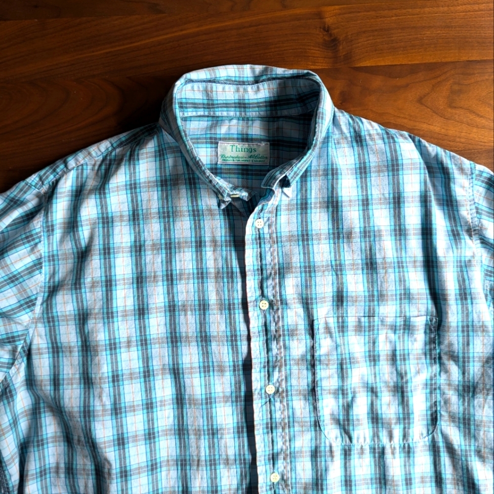 Vintage Hennes and Mauritz H&M Button Down Shirt Size XL Blue Green Plaid '68-74